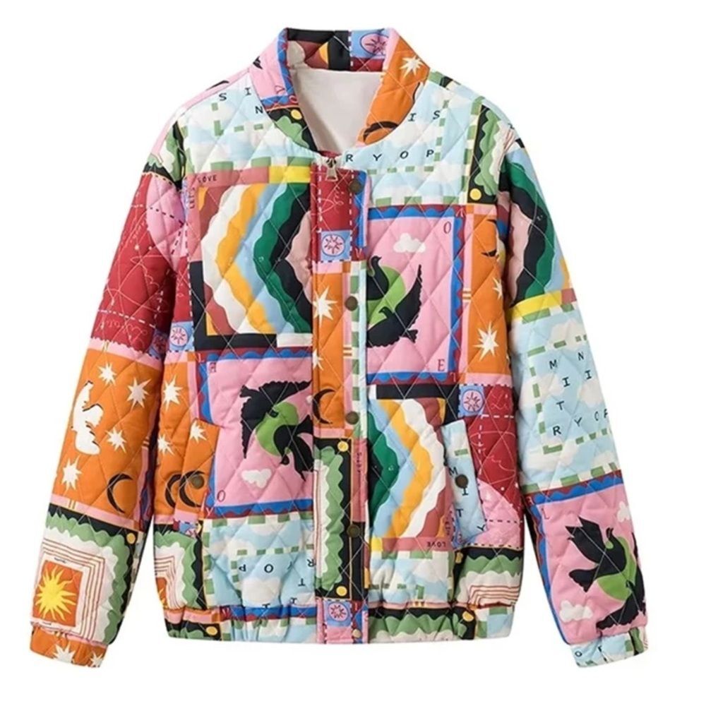 Bohemian Printed Y2K Quilted Patchwork Women's Puffer Jacket M - Picture 5 of 6